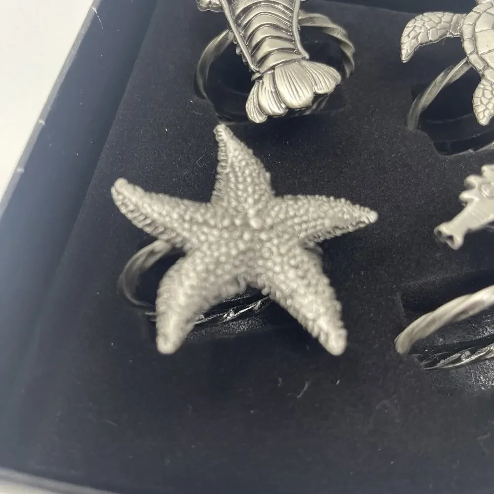 Pewter Napkin Rings Lobster Turtle Starfish Seahorse Set 4 Nautical Sealife New